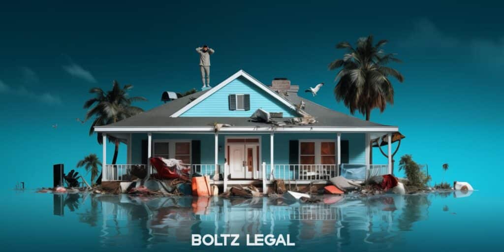 Flood-damaged coastal home surrounded by debris, with man on roof surveying destruction, symbolizing rising insurance complaint index in Florida