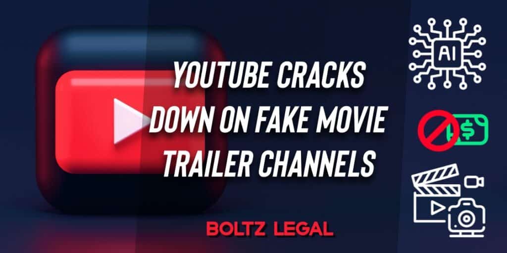 YouTube icon with text overlay reading "YouTube Cracks Down on Fake Movie Trailer Channels" and legal-themed icons representing AI, monetization ban, and video production. Focus keyword: Fake Movie Trailer.