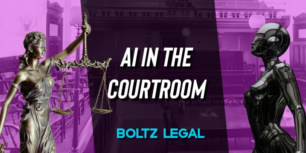 AI robot facing Lady Justice in courtroom representing the intersection of artificial intelligence and the legal system