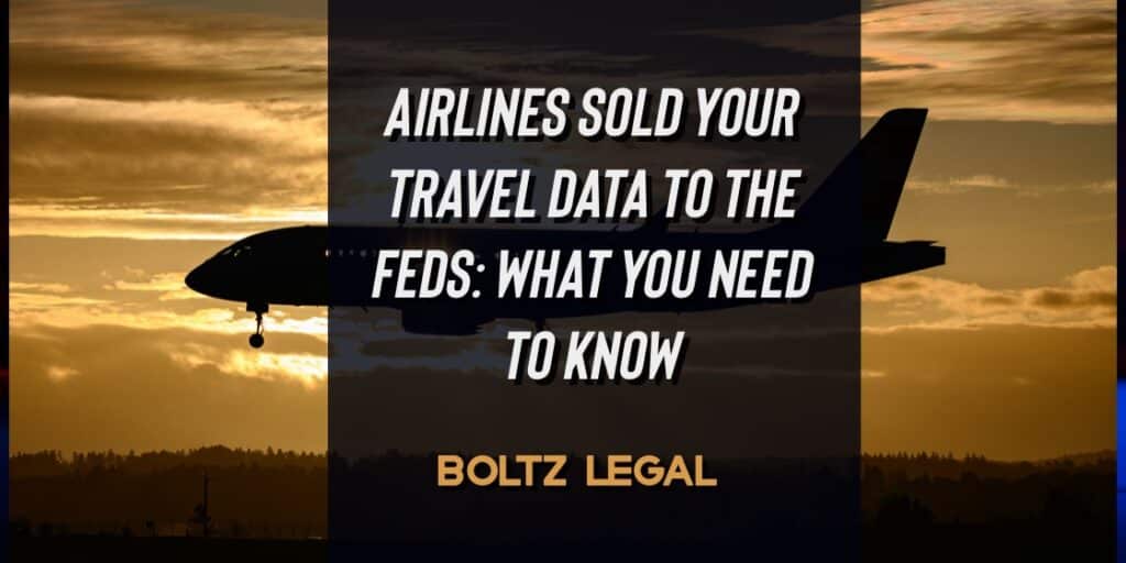 Commercial airplane silhouette at sunset with bold text about airlines selling travel data to federal agencies