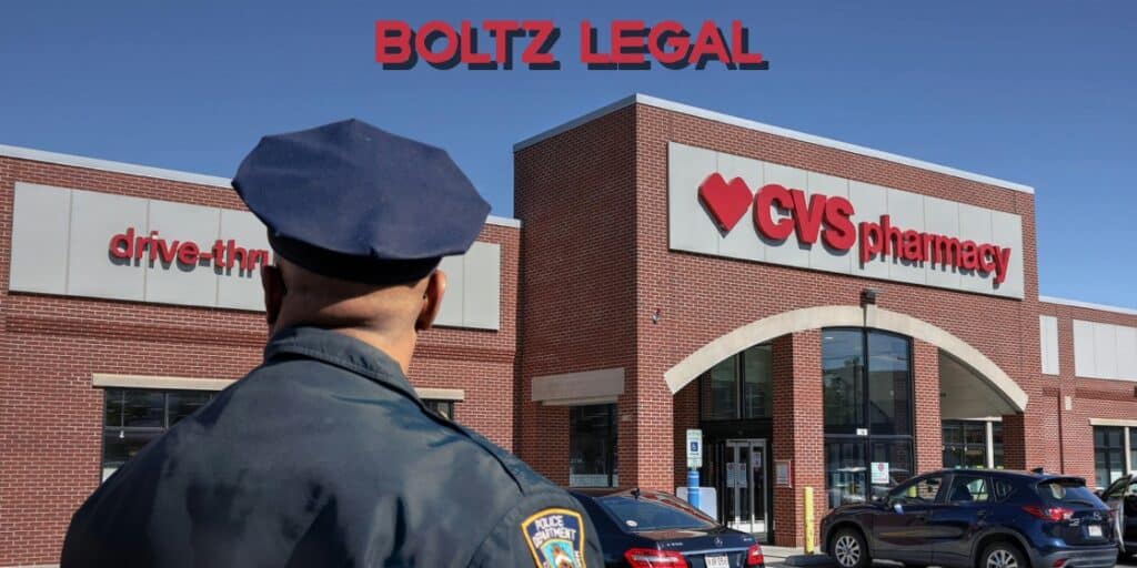 CVS pharmacy case graphic with police officer in front of CVS, created by Boltz Legal.