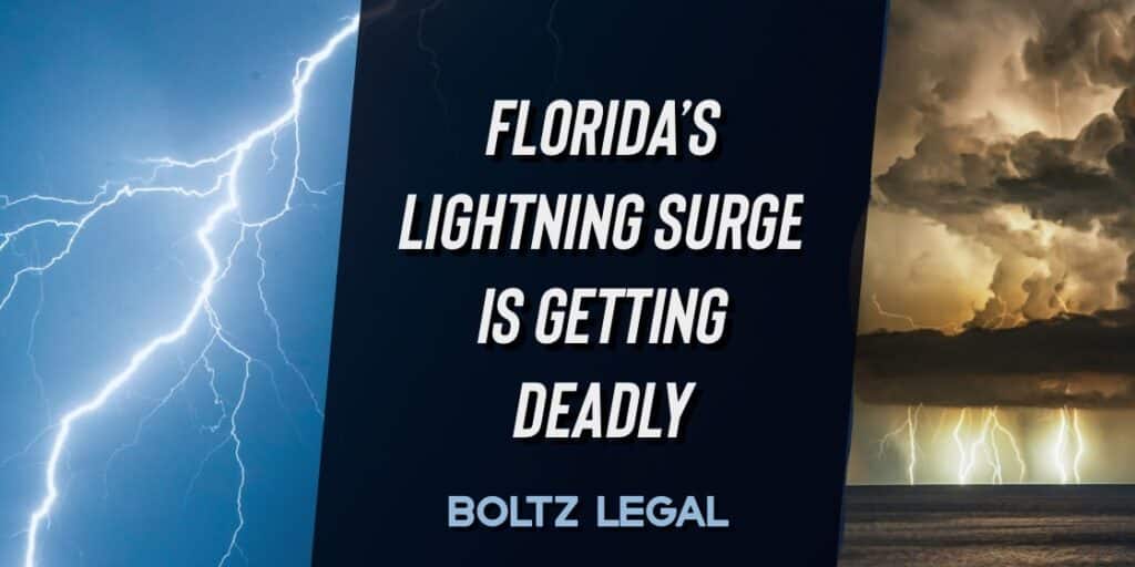 Severe lightning bolts strike sky and ocean during intense storm with headline warning about Florida lightning surge