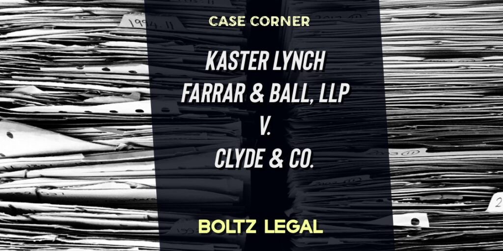 Stacks of legal case files representing a dispute over legal fees in the case Kaster Lynch Farrar & Ball LLP v. Clyde & Co., presented by Boltz Legal.