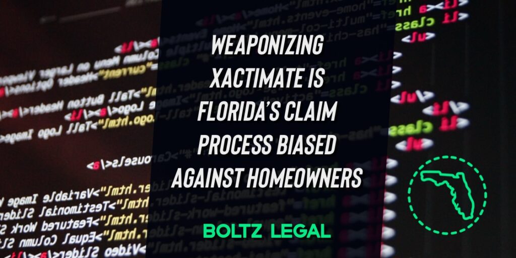 Code-style background with bold legal headline about Xactimate being used against Florida homeowners in insurance claims