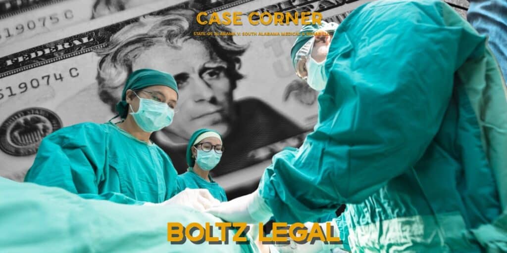 Alabama Medical case graphic: surgeons overlaid with money imagery, representing State of Alabama v. South Alabama Medical & Rehab LLC.
