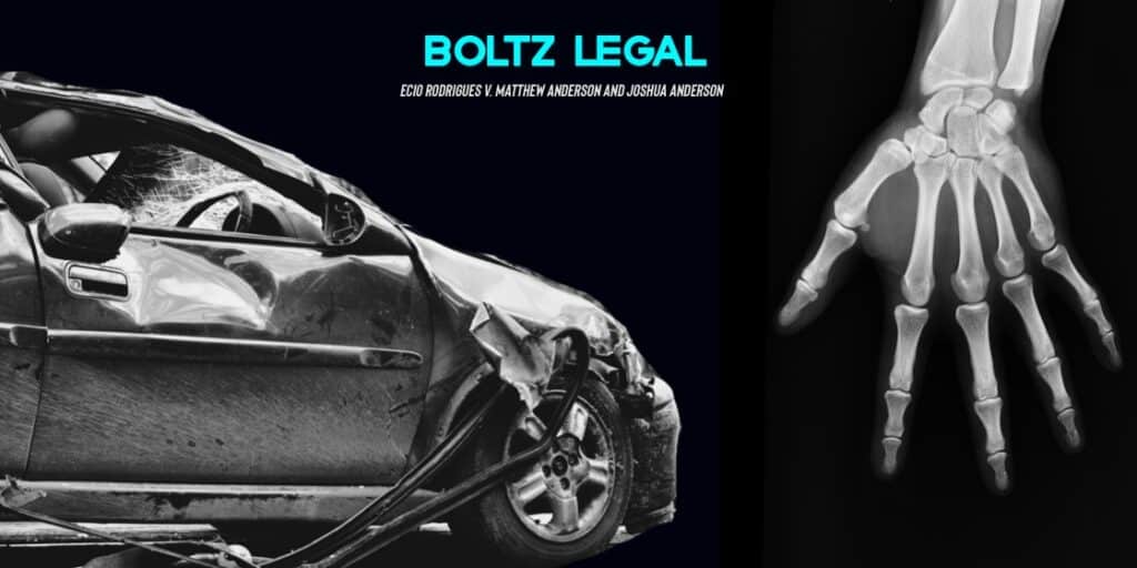 Case graphic showing a damaged car and X-ray of a hand, representing the auto injury case of Ecio Rodrigues v. Matthew and Joshua Anderson.