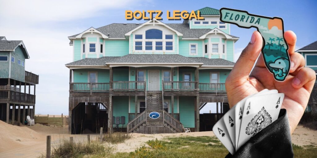 Florida beach house with person holding playing cards and Florida cutout, symbolizing high-stakes insurance cases and DOAH legal challenges