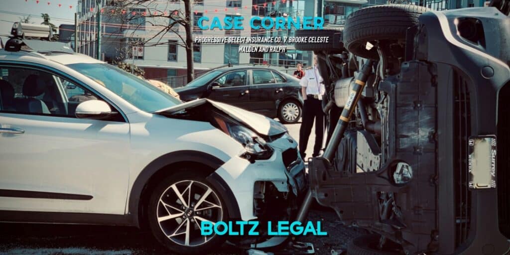 Insurance case graphic showing a car accident scene, representing Progressive Select Insurance Co. v. Brooke Celeste Walden, created by Boltz Legal.
