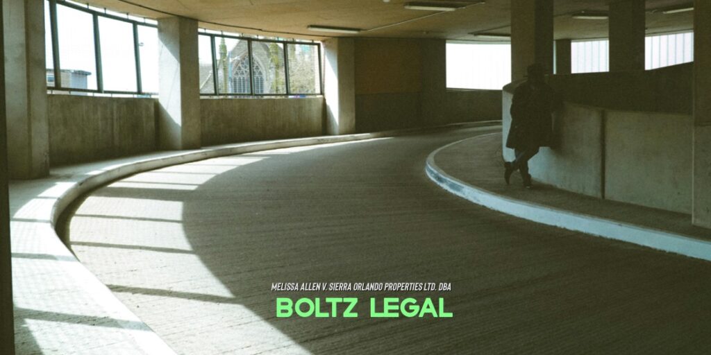 Allen case graphic showing a parking garage scene, representing Melissa Allen v. Sierra Orlando Properties Ltd., created by Boltz Legal.