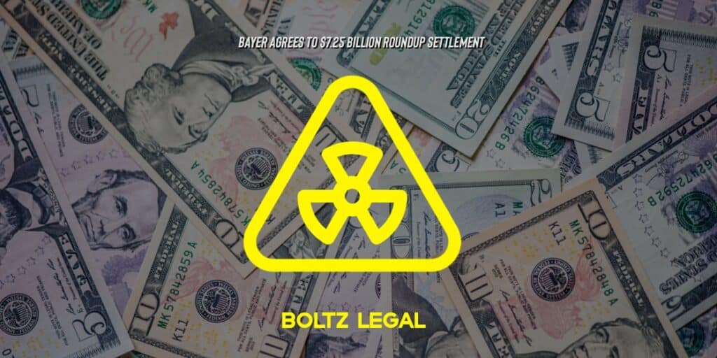 Bayer Roundup settlement graphic showing currency background and hazard symbol, highlighting Bayer’s $7.25 billion agreement.
