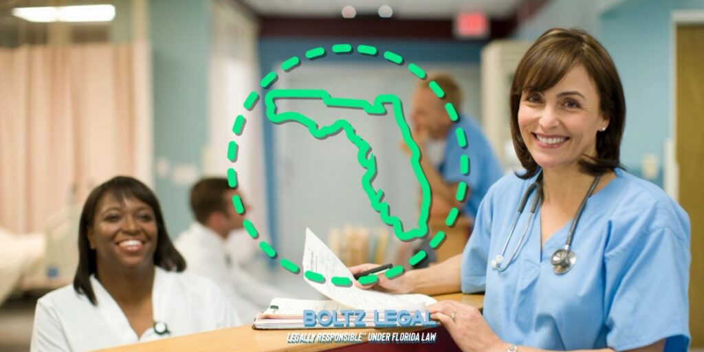 Florida healthcare workers at a hospital reception desk with Florida outline graphic discussing who is legally responsible under Florida law