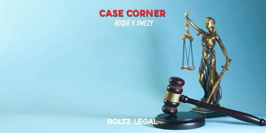 Florida Punitive Damages case graphic showing a judge’s gavel and Lady Justice statue, representing Roque v. Swezy.