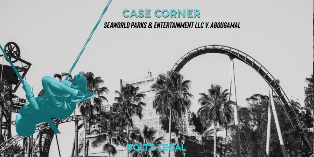 SeaWorld Case Corner graphic featuring an amusement park roller coaster and aerial ride, representing SeaWorld Parks & Entertainment LLC v. AbouGamal.